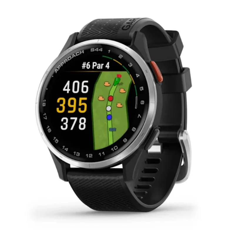 Relógio Garmin Approach ® S44 Prata com pulseira de silicone preta com Monitor Cardíaco de Pulso e GPS