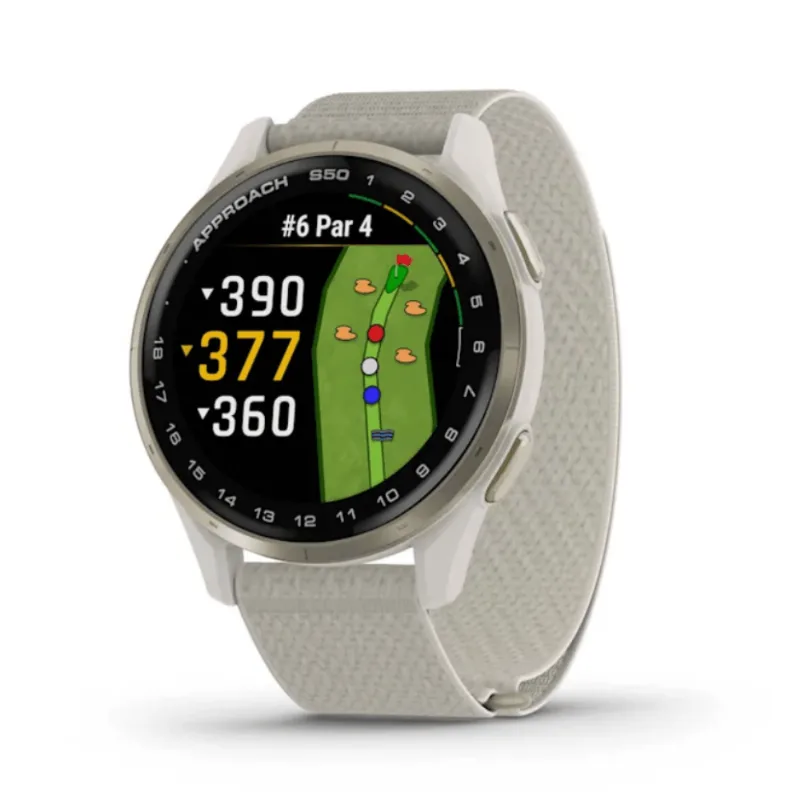 Relógio Garmin Approach ® S50 Dourado com pulseira ComfortFit Nylon branca com Monitor Cardíaco de Pulso e GPS