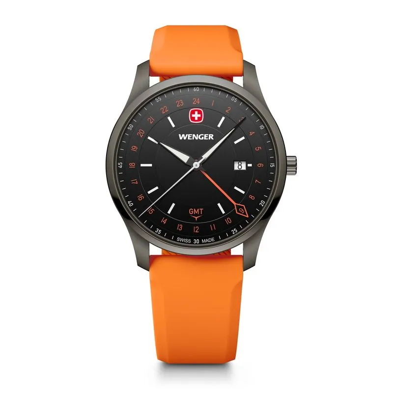 RELÓGIO WENGER CITY GMT 42MM PULSEIRA DE SILICONE LARANJA RELÓGIO CITY GMT 42MM MOSTRADOR PRETO COM PULSEIRA DE SILICONE LARANJA