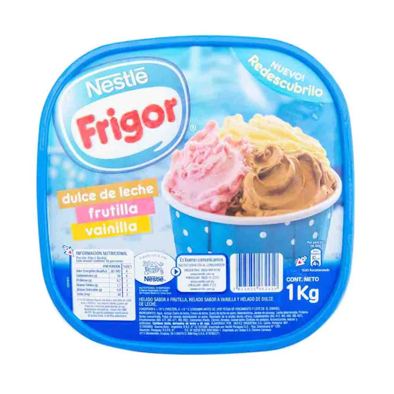 Helado Frigor Balde Vainilla, Dulce De Leche Y Frutilla 1 Kg