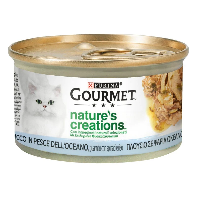 Purina gourmet nature's creations ricco in pesce dell'oceano con spinaci e riso 85g