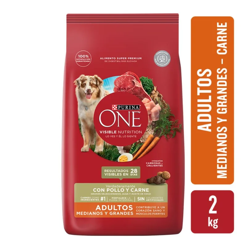 Alimento seco para perro Purina One 2 kg. adulto grande carne.