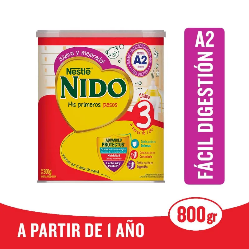 Leche En Polvo Infantil Nido 3 Con Prebio1 A2 Lata X800gr
