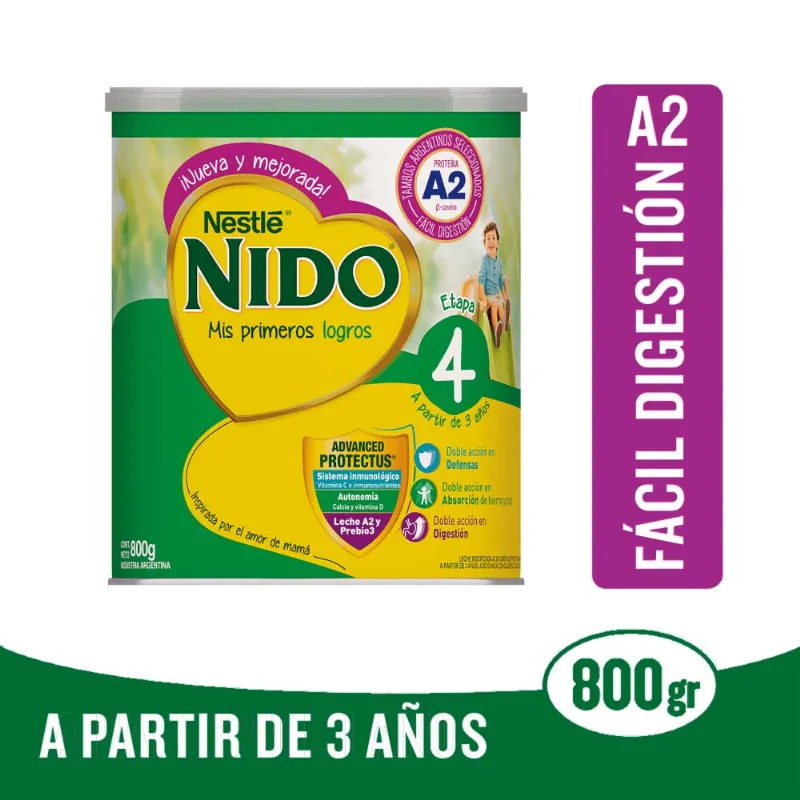 Leche En Polvo Infantil Nido 4 Prebio 3 A2 Lata X800gr