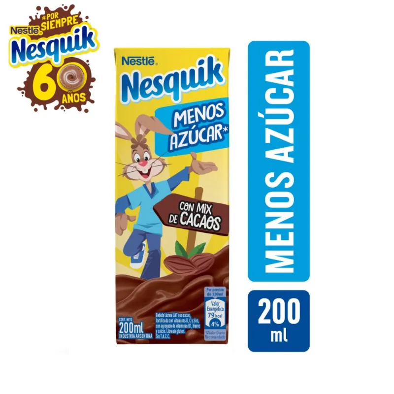 Leche chocolatada Nesquik menos azúcar fortificada 200 cc.