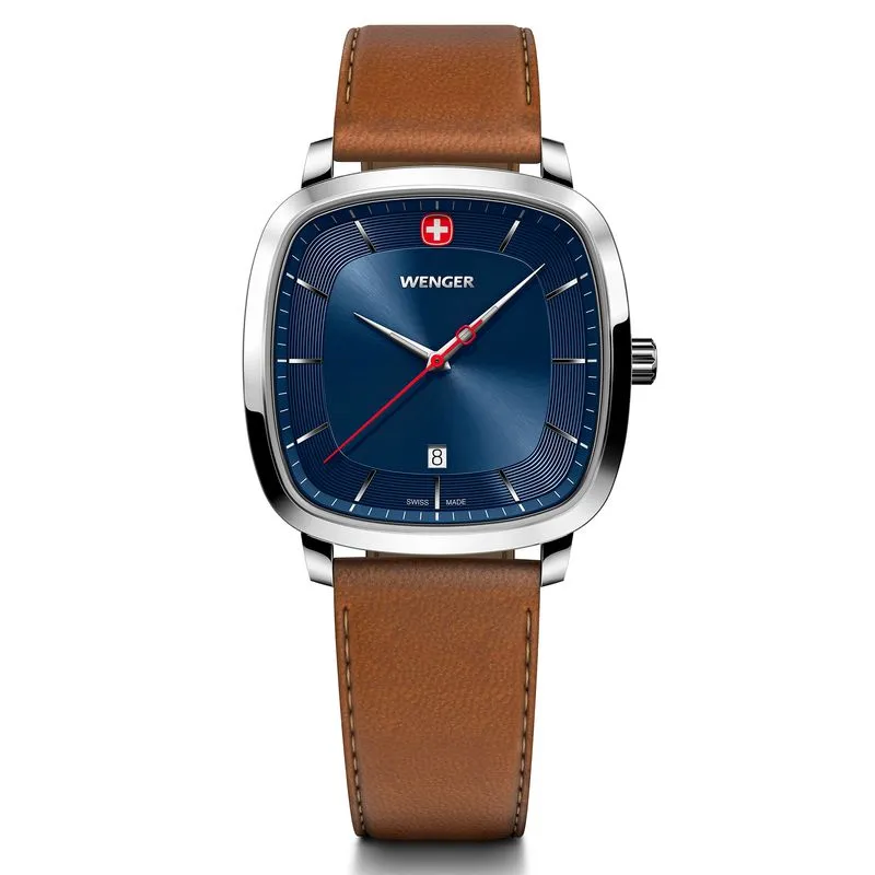 Relógio Wenger Vintage Classic Masculino Mostrador Azul Pulseira De Couro Marrom