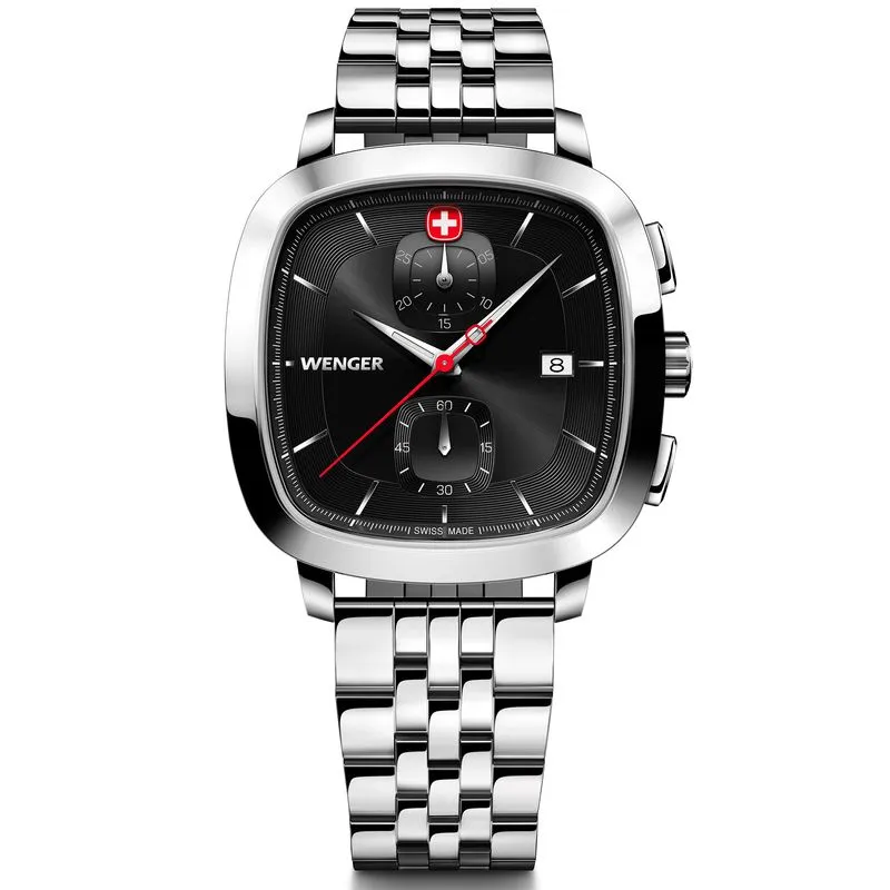 Relógio Wenger Vintage Classic Chrono Mostrador Preto Pulseira De Aço