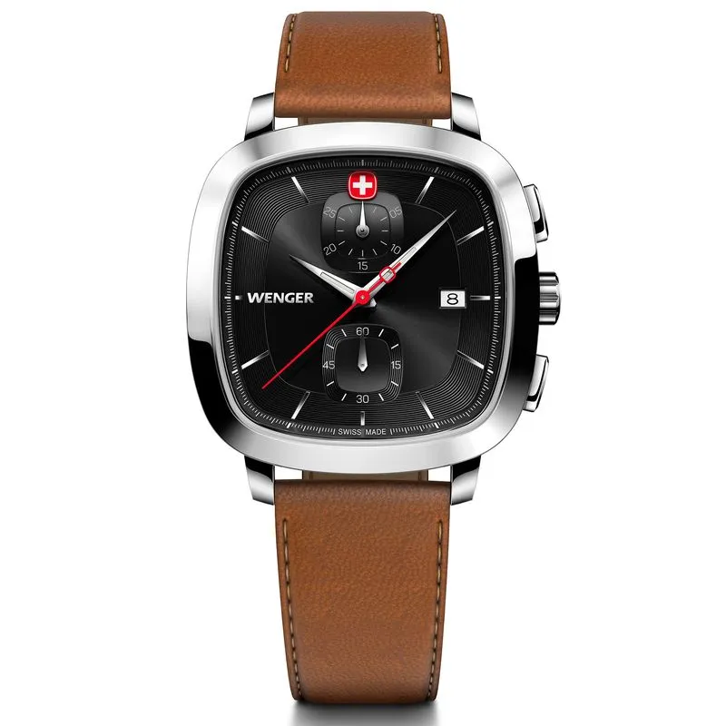 Relógio Wenger Vintage Classic Chrono Mostrador Preto Pulseira De Couro Marrom