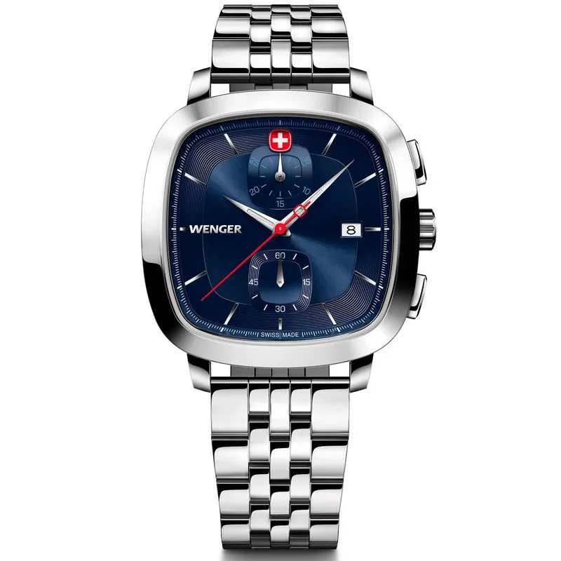 Relógio Wenger Vintage Classic Chrono Mostrador Azul Pulseira De Aço