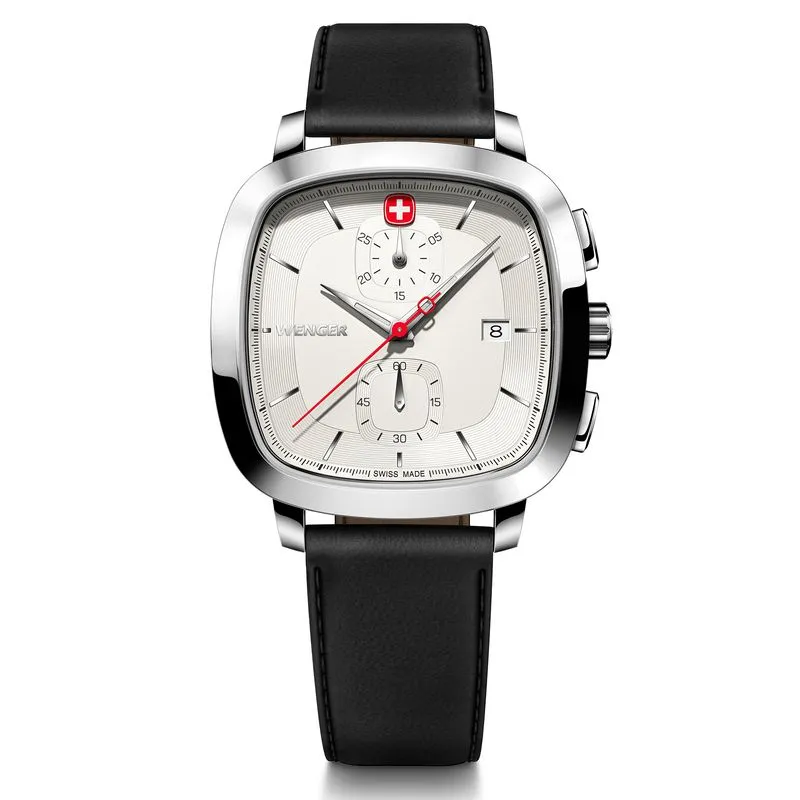 Relógio Wenger Vintage Classic Chrono Mostrador Branco Pulseira de Couro Preta