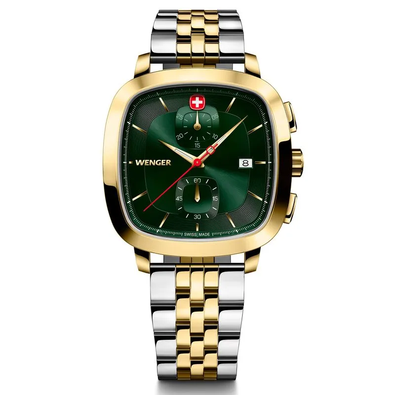 Relógio Wenger Vintage Classic Chrono Mostrador Verde Pulseira De Aço 2 Tons