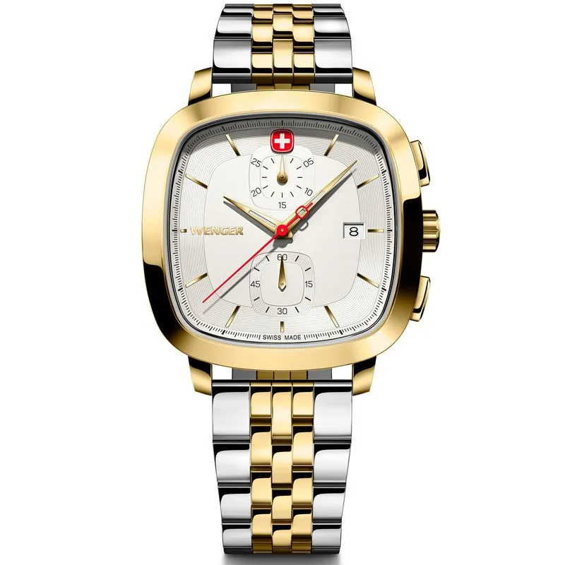 Relógio Wenger Vintage Classic Chrono Mostrador branco Pulseira De Aço 2 Tons