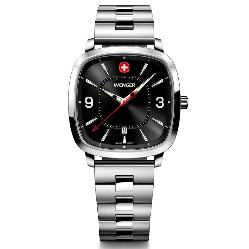 Relógio Wenger Vintage Sport Mostrador Preto Pulseira de Aço