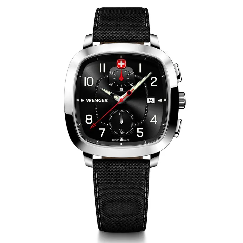 Relógio Wenger Vintage Sport Chrono Mostrador Preto Pulseira de Couro Preta