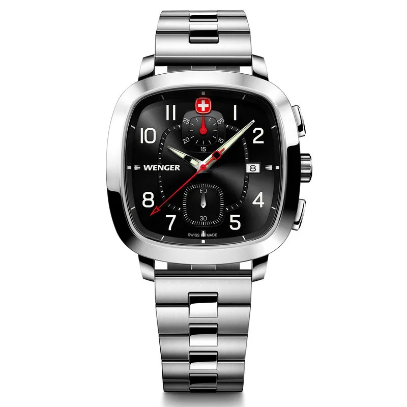 Relógio Wenger Vintage Sportchrono Mostrador Preto Pulseira de Aço