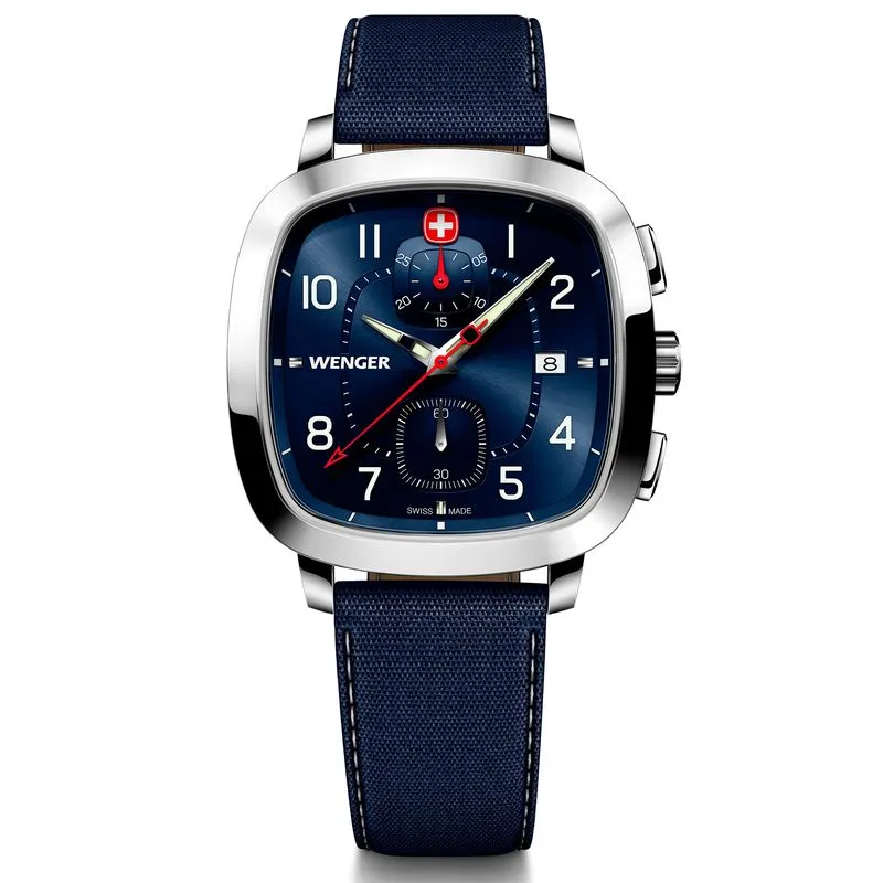 Relógio Wenger Vintage Sportchrono Mostrador Azul Pulseira de Couro Azul