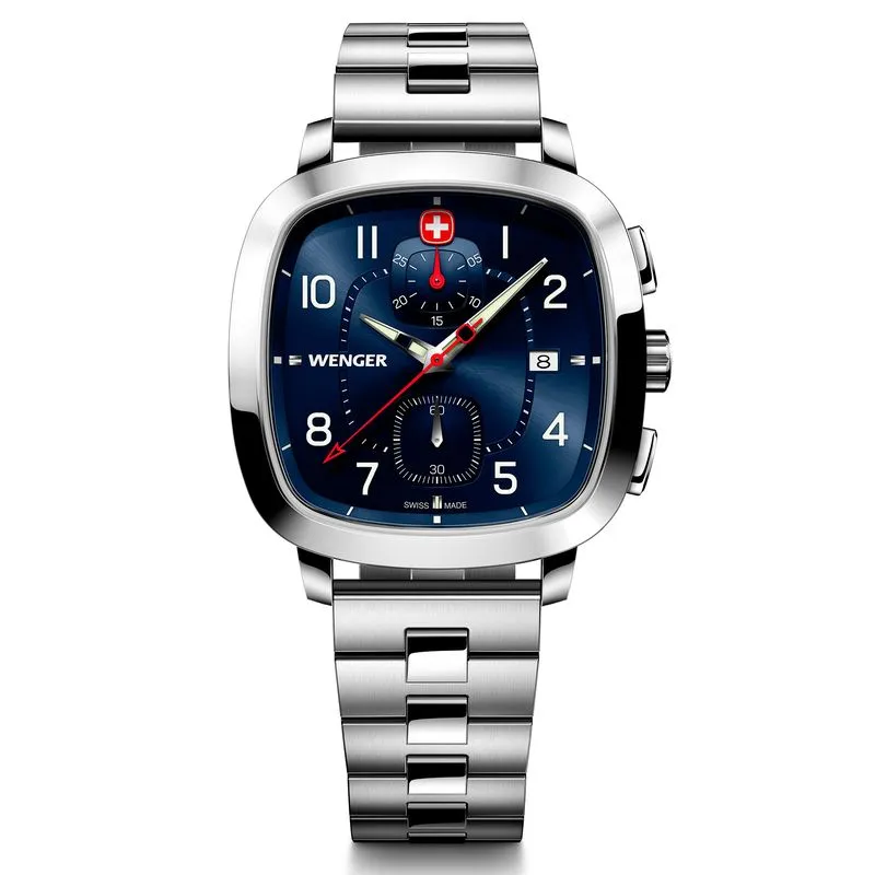 Relógio Wenger Vintage Sportchrono Mostrador Azul Pulseira de Aço