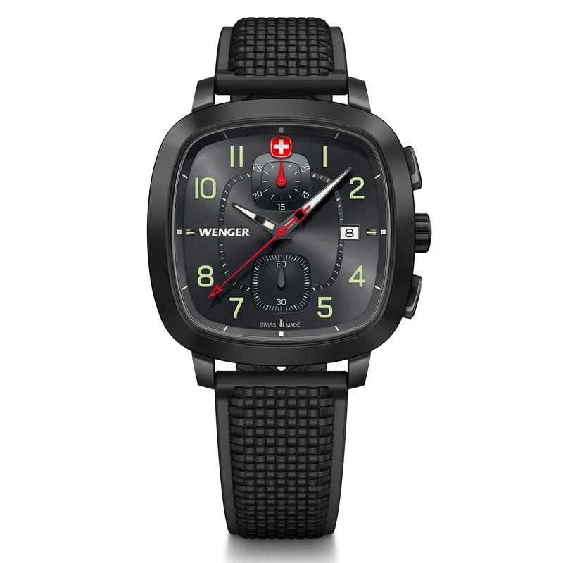 Relógio Wenger Vintage Sportchrono Mostrador Preto Pulseira de Silicone Preta