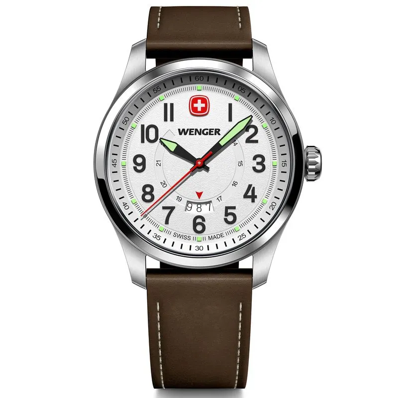 Relógio Wenger Terragraph Mostrador Branco Pulseira de Couro Marrom