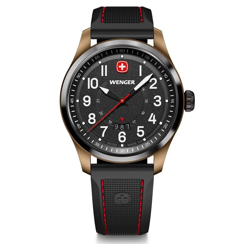 RELÓGIO WENGER TERRAGRAPH BRONZE E PRETO PULS DE BORRACHA Relógio Wenger Terragraph Mostrador Preto Pulseira de Silicone Preta
