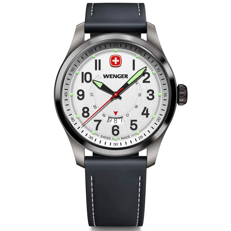 RELÓGIO WENGER TERRAGRAPH MOSTRADOR BRANCO PULSEIRA DE COURO PRETO Relógio Wenger Terragraph Mostrador Branco Pulseira Couro Preta