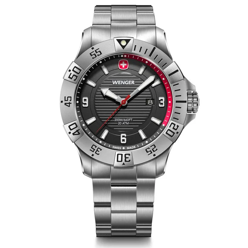 RELÓGIO WENGER SEAFORCE 43MM MOSTRADOR PRETO E BRACELETE DE AÇO RELÓGIO SEAFORCE 43 MM 20 ATM PRETO COM PULSEIRA DE AÇO