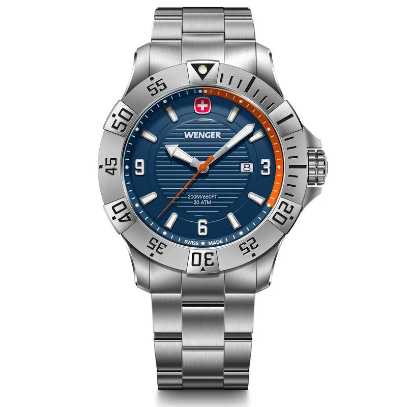 RELÓGIO WENGER SEAFORCE 43MM MOSTRADOR AZUL E BRACELETE DE AÇO RELÓGIO SEAFORCE 43 MM 20 ATM AZUL COM PULSEIRA DE AÇO