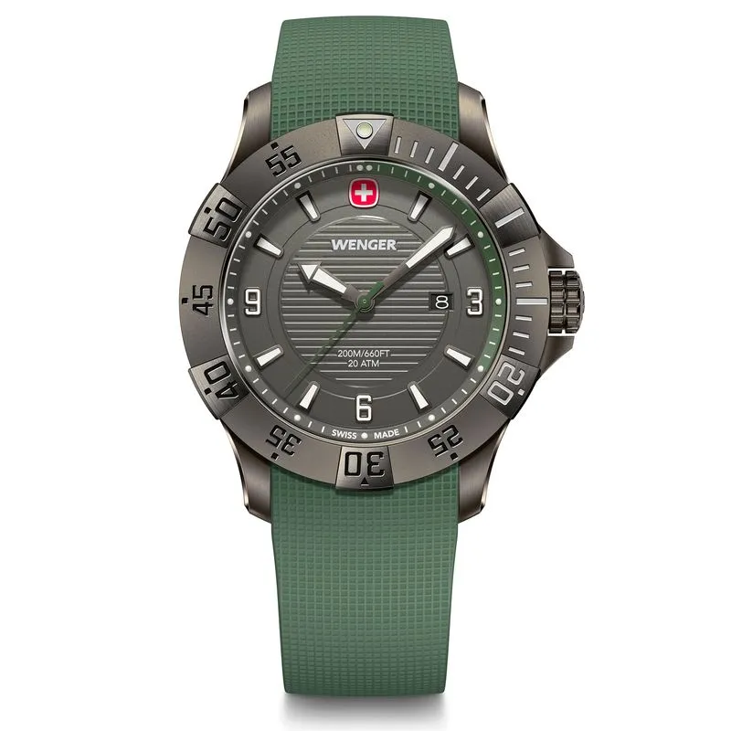 RELÓGIO WENGER SEAFORCE 43MM PRETO COM MOSTRADOR E PULSEIRA SILICONE VERDE RELÓGIO SEAFORCE 43MM 20ATM PRETO COM PULSEIRA SILICONE VERDE