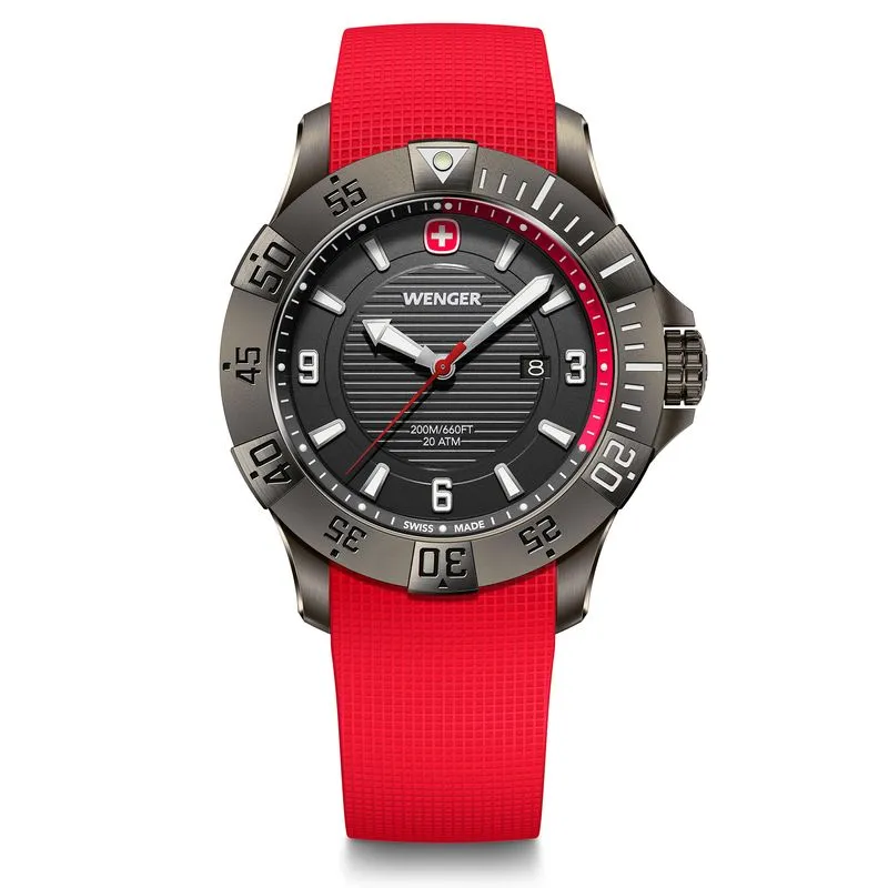 RELÓGIO WENGER SEAFORCE 43MM PRETO COM PULSEIRA SILICONE VERMELHO RELÓGIO SEAFORCE 43MM 20ATM PRETO COM PULSEIRA SILICONE VERMELHA