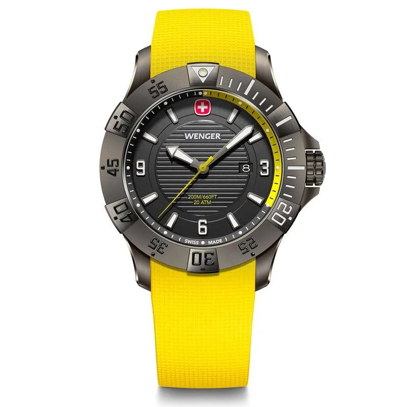 RELÓGIO WENGER SEAFORCE 43MM PRETO COM PULSEIRA SILICONE AMARELA RELÓGIO SEAFORCE 43MM 20ATM PRETO COM PULSEIRA SILICONE AMARELA