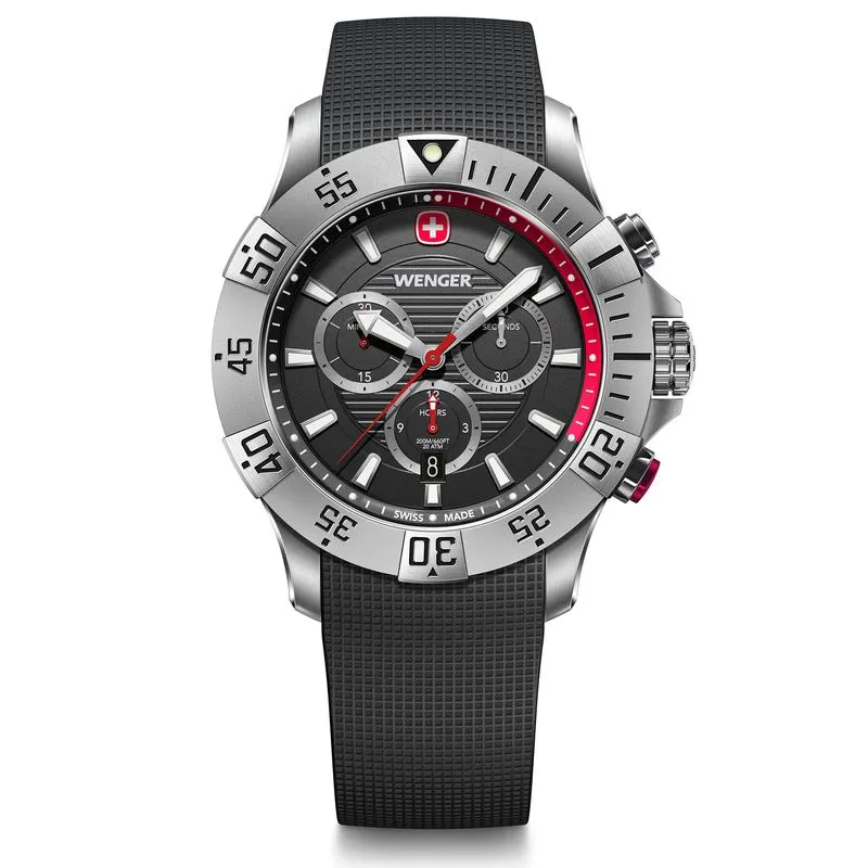 RELÓGIO WENGER SEAFORCE CHRONO 43MM MOSTRADOR E PULSEIRA DE SILICONE PRETO RELÓGIO SEAFORCE CHRONO 43MM 20ATM PRETO COM PULSEIRA DE SILICONE PRETA