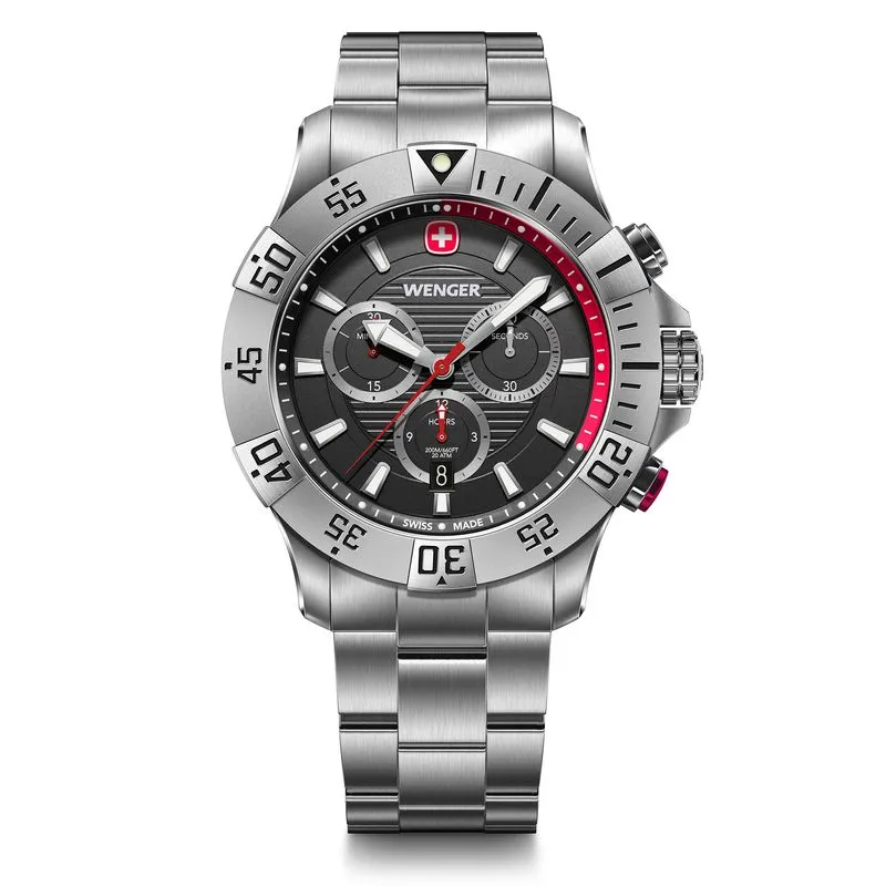 RELÓGIO WENGER SEAFORCE CHRONO 43MM MOSTRADOR PRETO E BRACELETE DE AÇO RELÓGIO SEAFORCE CHRONO 43MM 20ATM PRETO COM PULSEIRA DE AÇO