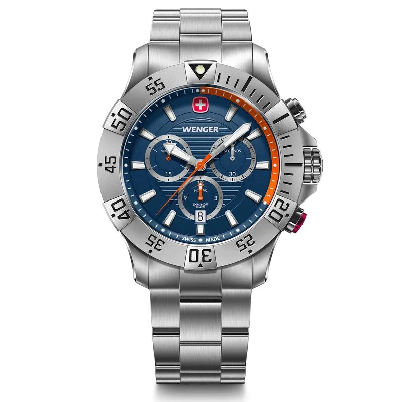 RELÓGIO WENGER SEAFORCE CHRONO 43MM MOSTRADOR AZUL E BRACELETE DE AÇO RELÓGIO SEAFORCE CHRONO 43MM 20ATM AZUL COM PULSEIRA DE AÇO