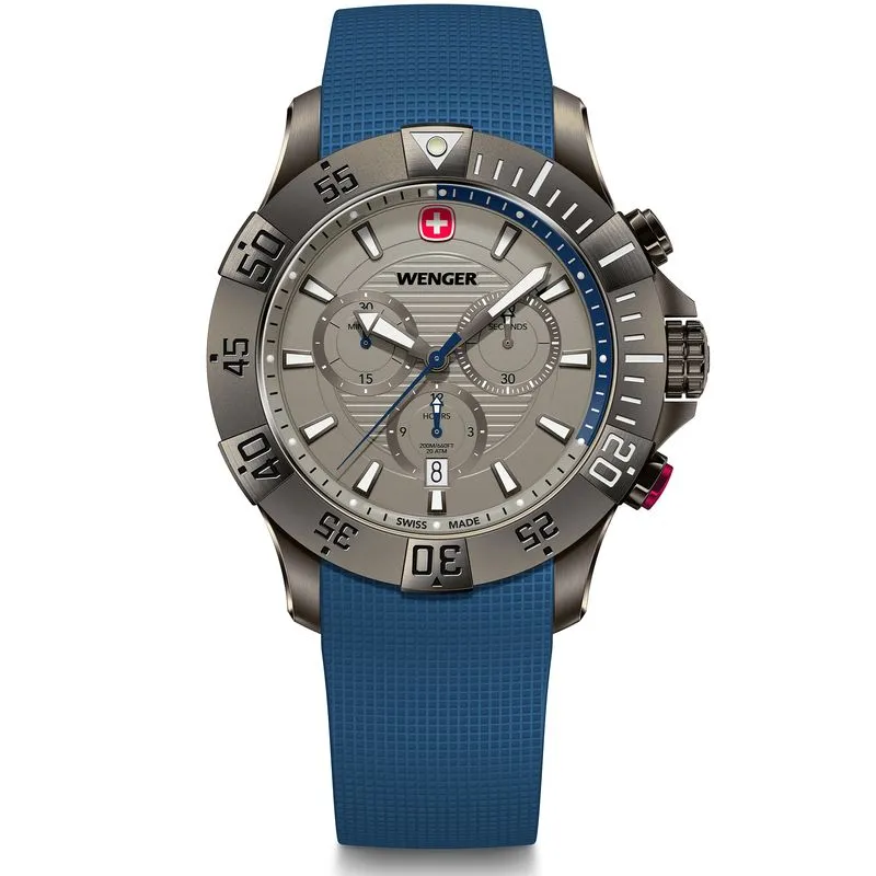 RELÓGIO WENGER SEAFORCE CHRONO PRETO 43MM COM PULSEIRA DE SILICONE AZUL RELÓGIO SEAFORCE CHRONO 43MM 20ATM PRETO COM PULSEIRA DE SILICONE AZUL