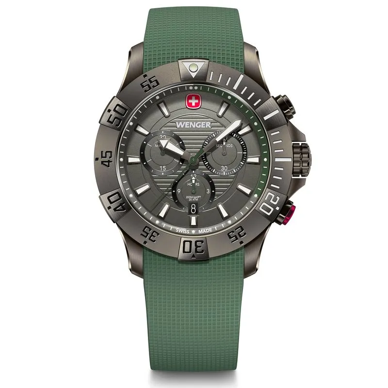 RELÓGIO WENGER SEAFORCE CHRONO PRETO 43MM COM PULSEIRA DE SILICONE VERDE RELÓGIO SEAFORCE CHRONO 43MM 20ATM PRETO COM PULSEIRA DE SILICONE VERDE