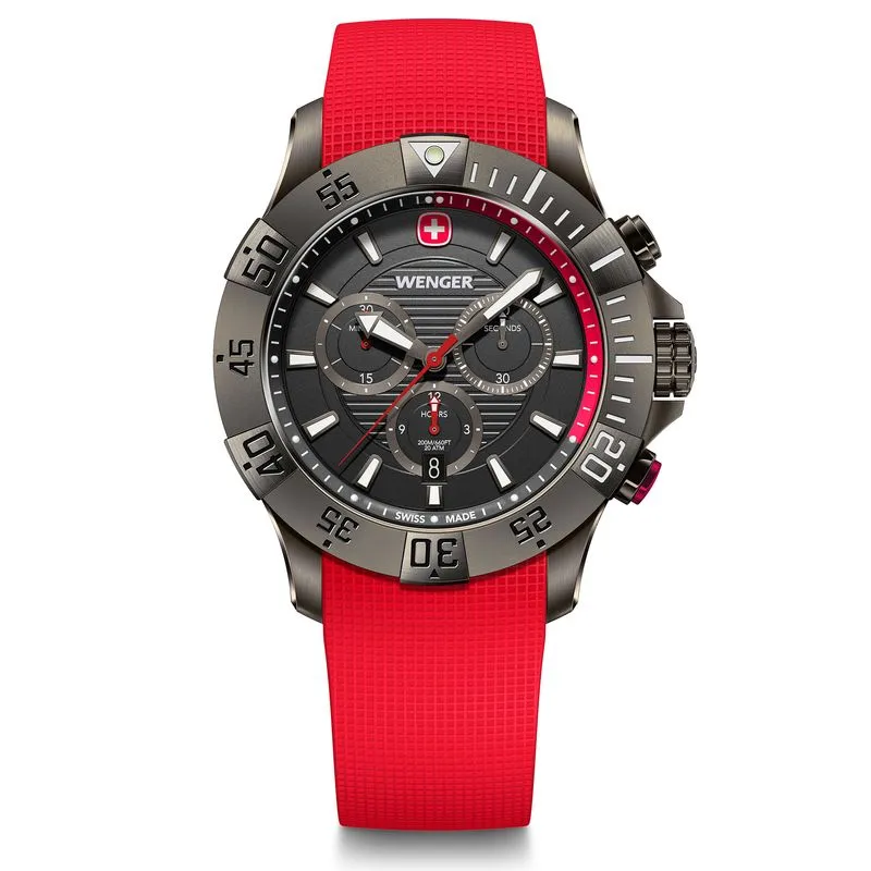 RELÓGIO WENGER SEAFORCE CHRONO PRETO 43MM COM PULSEIRA DE SILICONE VERMELHO RELÓGIO SEAFORCE CHRONO 43MM 20ATM PRETO COM PULSEIRA DE SILICONE VERMELHA