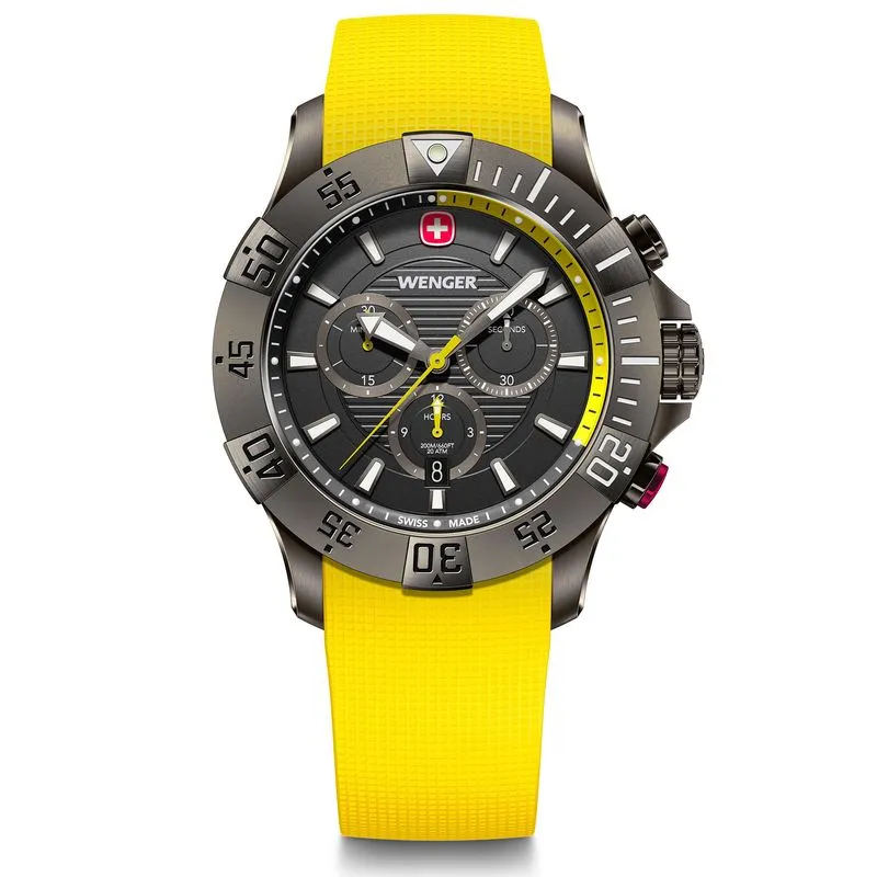 RELÓGIO WENGER SEAFORCE CHRONO PRETO 43MM COM PULSEIRA DE SILICONE AMARELA RELÓGIO SEAFORCE CHRONO 43MM 20ATM PRETO COM PULSEIRA DE SILICONE AMARELA