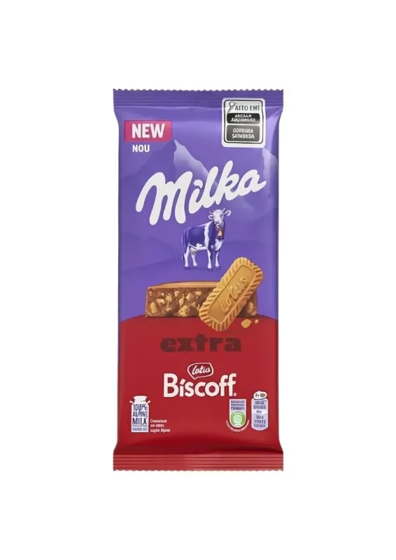 MILKA CHOCOLATE 190g BISCOFF - Chocolate ao leite com recheio cremoso sabor biscoito caramelizado e pedaços de biscoff lotus. Origem: Romênia