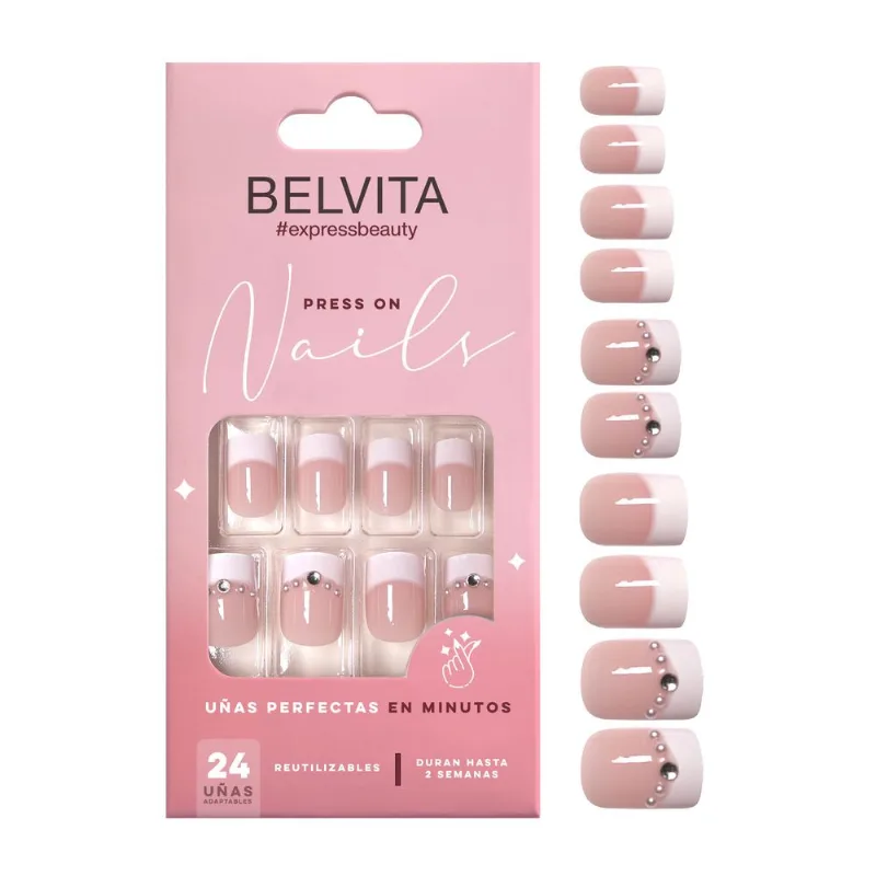 Kit Uñas Postizas Press On y Stickers Cuadradas French Girl