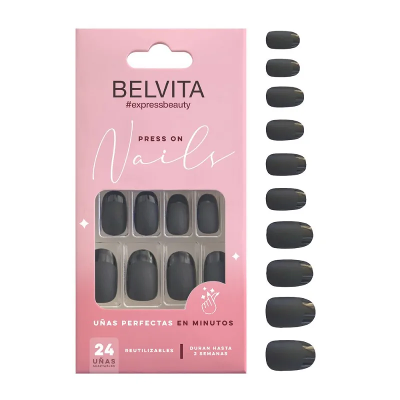 Kit Uñas Postizas Press On y Stickers Ovaladas Black French