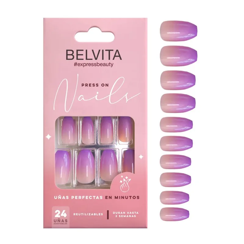 Kit Uñas Postizas Press On y Stickers Coffin Violet Ombre