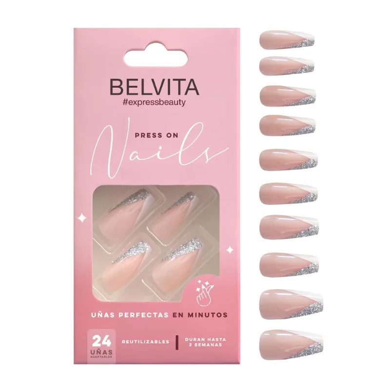 Kit Uñas Postizas Press On y Stickers Coffin Ballerina Crystal French