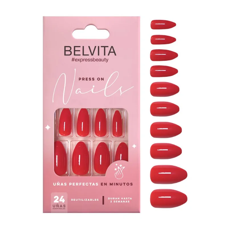 Kit Uñas Postizas Press On y Stickers Almendradas Scarlet Red