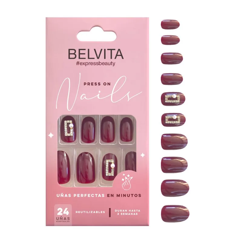 Kit Uñas Postizas Press On y Stickers Ovaladas Fantasy Red