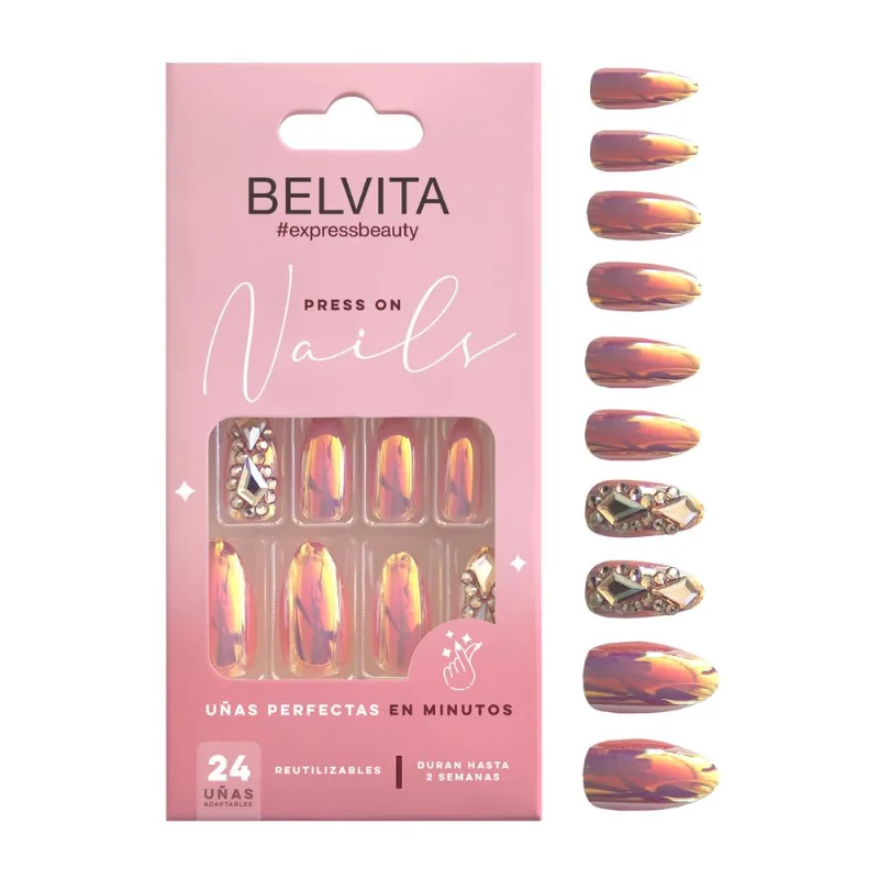 Kit Uñas Postizas Press On y Stickers Almendradas Fantasy Pink