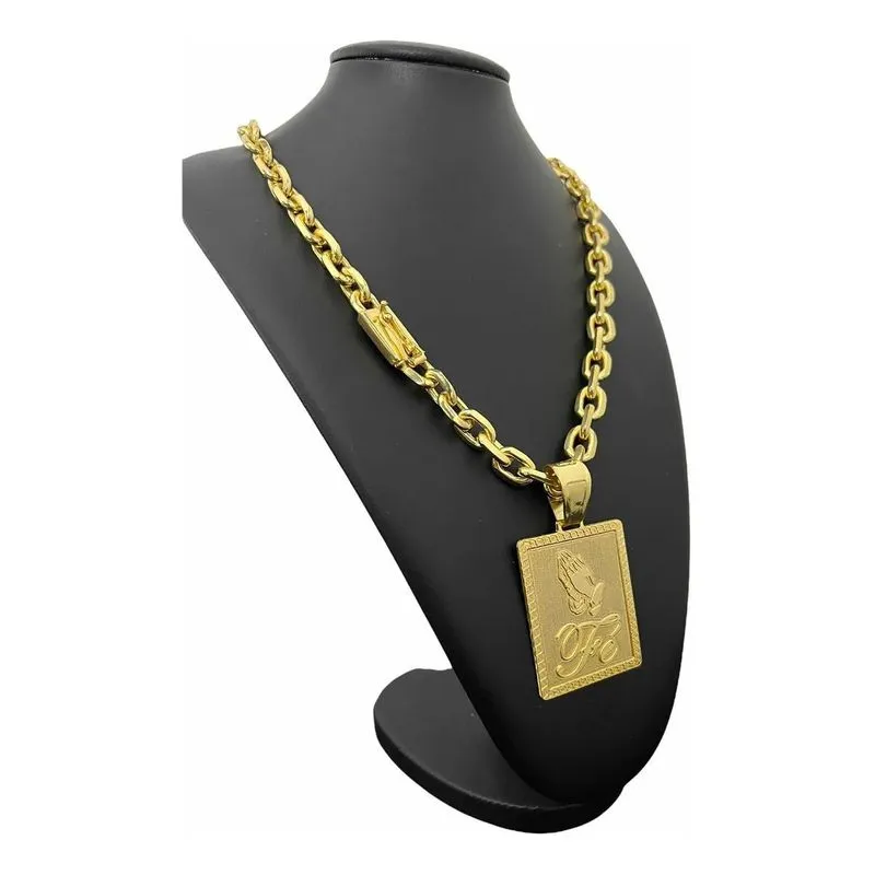 Cordão 12mm Cadeado Banhado A Ouro Com Pingente Fé Masculino
