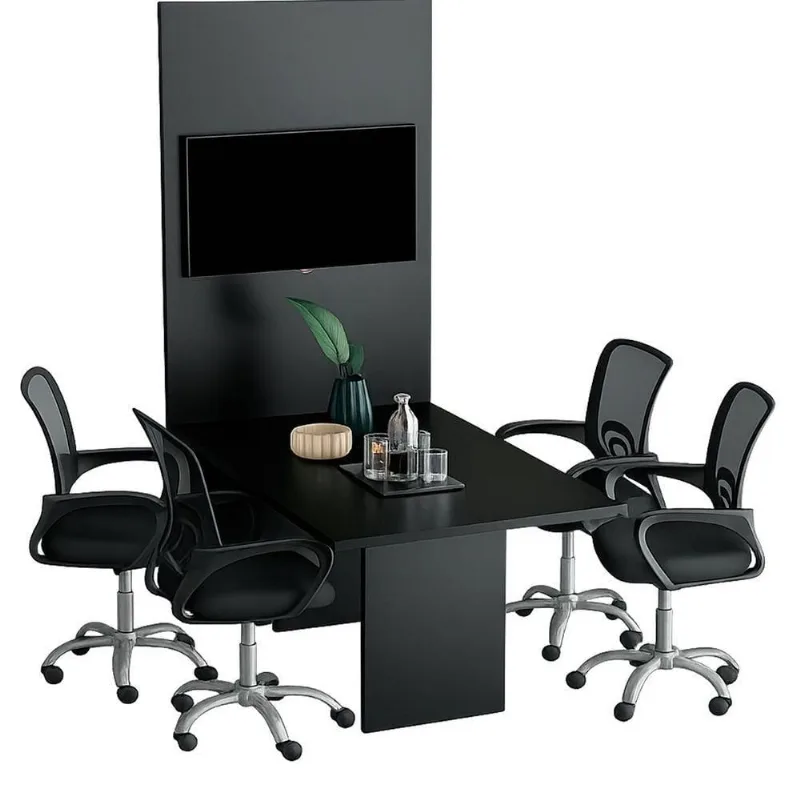 Mesa de Reunião Retangular com Painel 6 Lugares Moderno MDP 136CM Preto Tecnomobili