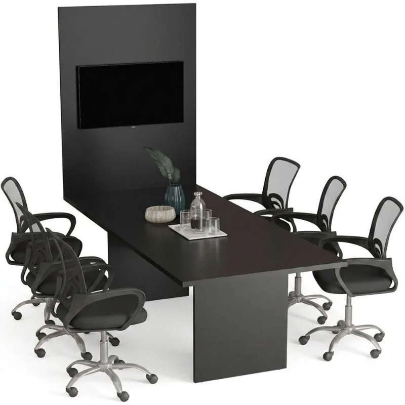 Mesa de Reunião Retangular com Painel 8 Lugares Moderno MDP 220CM Preto Tecnomobili