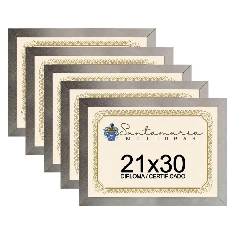 Kit 5 Molduras Porta Diploma Certificado 21x30 Prateado