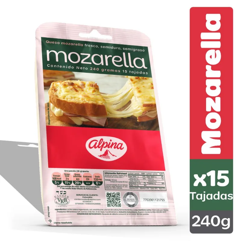 Q Mozarella 15 Tajadas ALPINA 240 gr